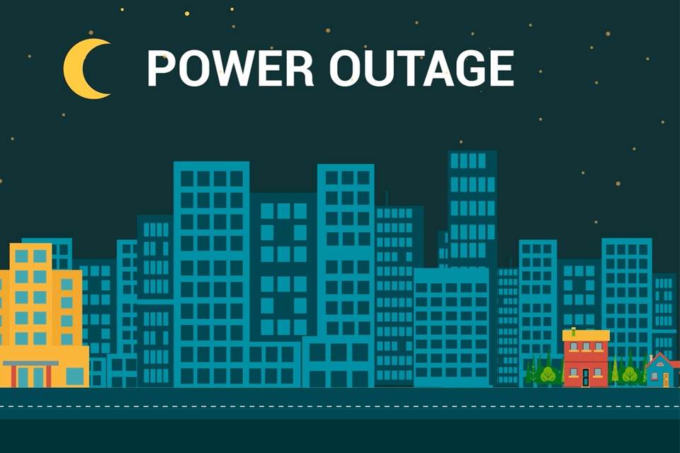 A graphic illustrating a ransomware attack causing a power outage in a cityscape, metaphorically showing the cyber-threat's disruptive impact on everyday life.
